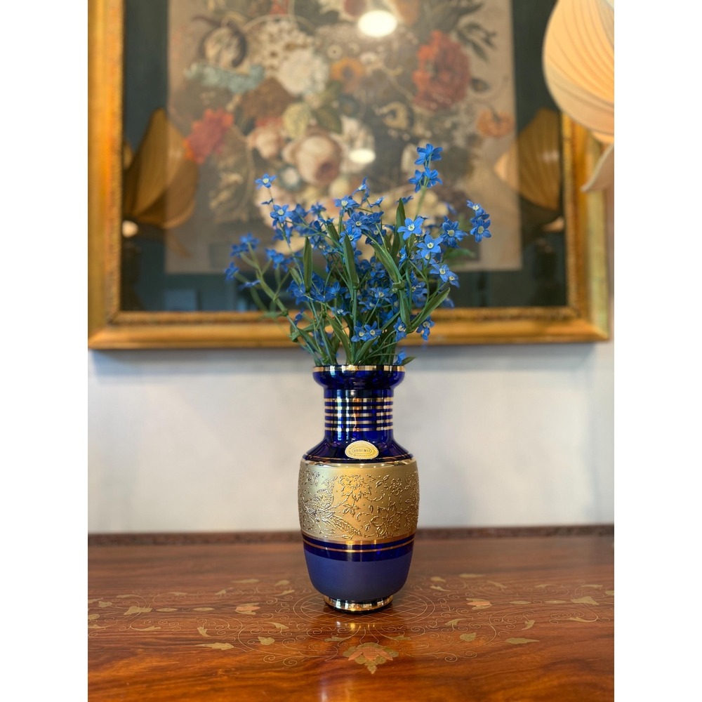 Vintage Bohemia Cobalt Blue Crystal Vase with Gold Detail